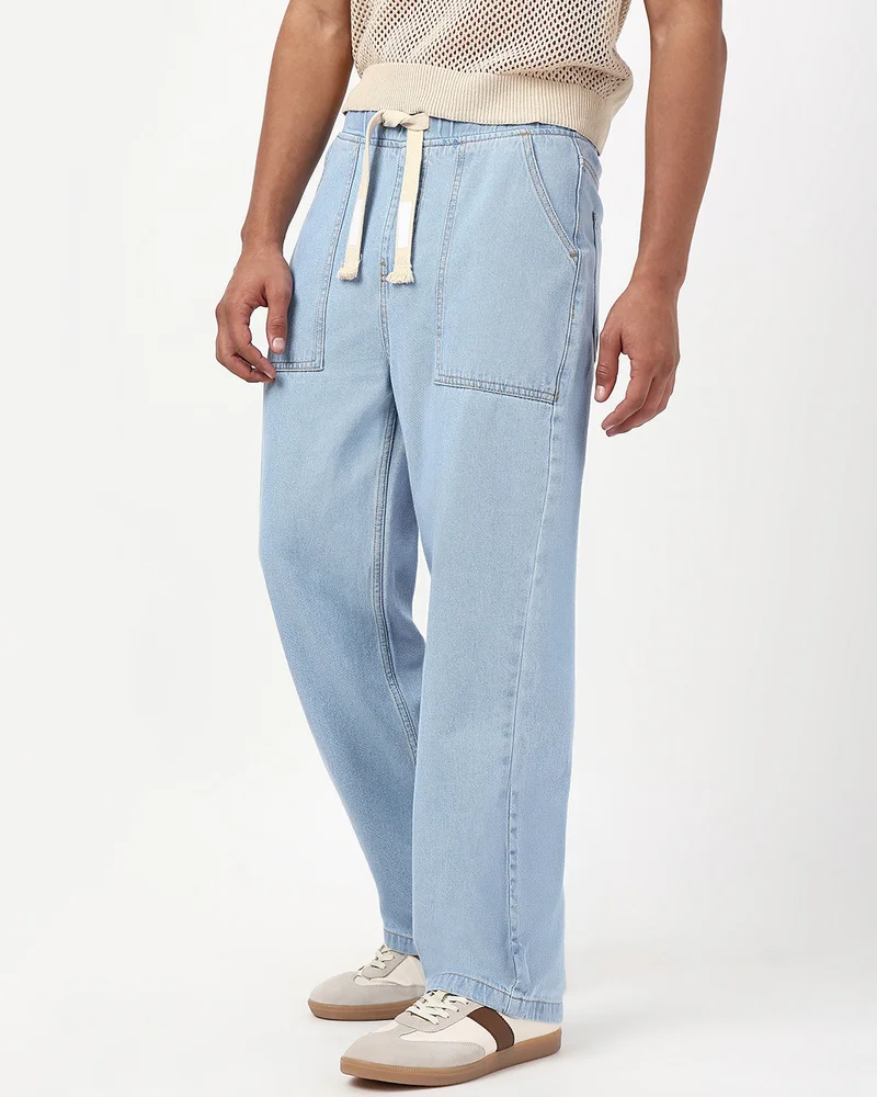 بيواكوف Men's Ice Blue Washed Straight Fit Mid-Rise Jeans